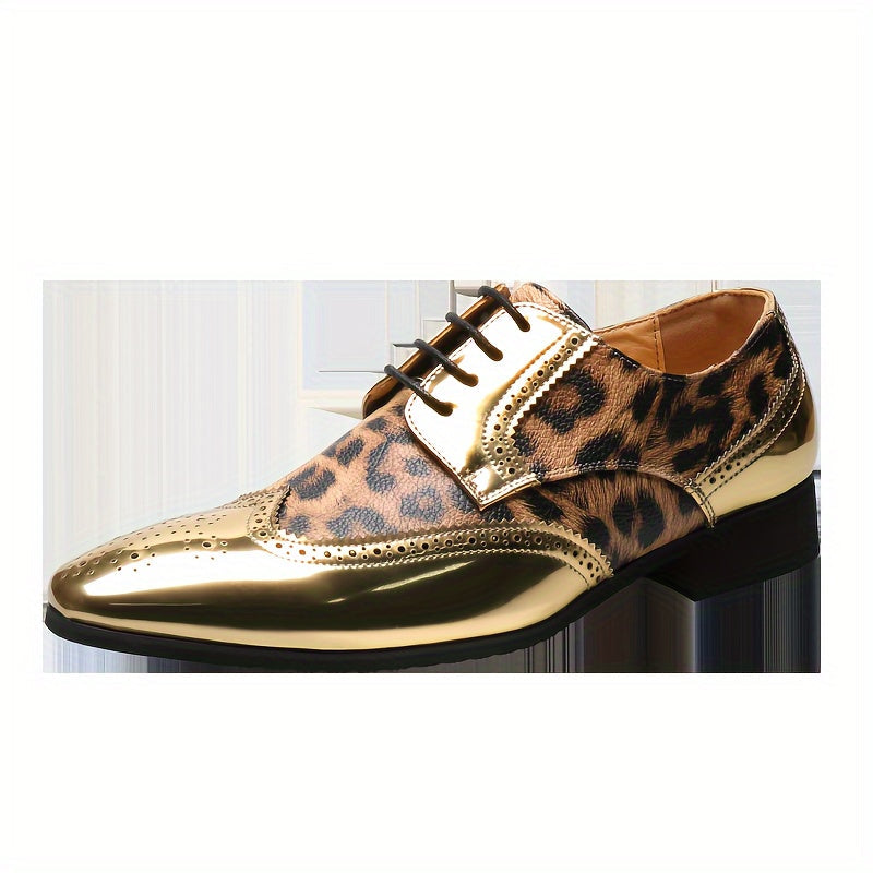 [Leopard Print Oxfords] Stylish Men's Leopard Print Oxfords - Golden Accents Dress Shoes with Brogue Detailing for Weddings, Parties & Business Casual Events SHOWLU FASHION STORE