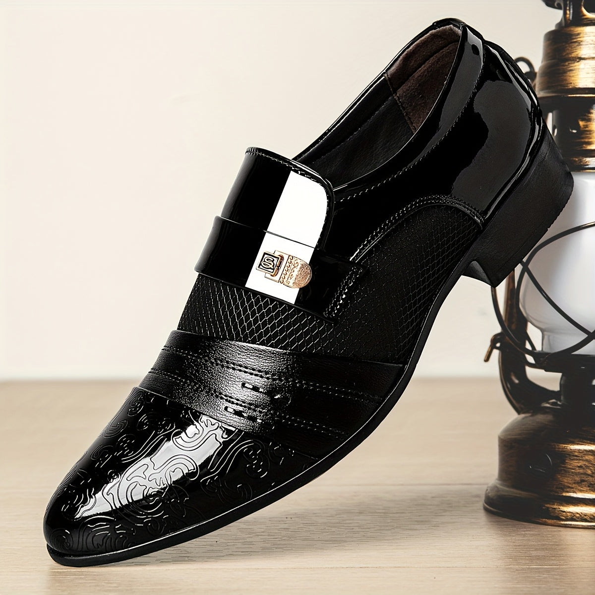 Men's Elegant Black Slip-On Dress Shoes with Embossed Design & Metallic Accents - Perfect for Weddings, Parties, and Formal Events, Wedding Footwear | Elegant Slipons | Decorative Embossed Design SHOWLU FASHION STORE
