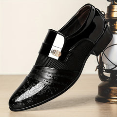 Men's Elegant Black Slip-On Dress Shoes with Embossed Design & Metallic Accents - Perfect for Weddings, Parties, and Formal Events, Wedding Footwear | Elegant Slipons | Decorative Embossed Design SHOWLU FASHION STORE