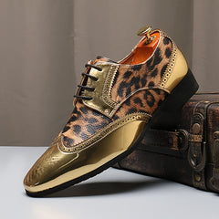[Leopard Print Oxfords] Stylish Men's Leopard Print Oxfords - Golden Accents Dress Shoes with Brogue Detailing for Weddings, Parties & Business Casual Events SHOWLU FASHION STORE