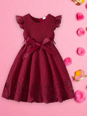 Girls Dress Lace Fly Sleeve Round Neck Casual Dress Fashion Summer Dress with Belt