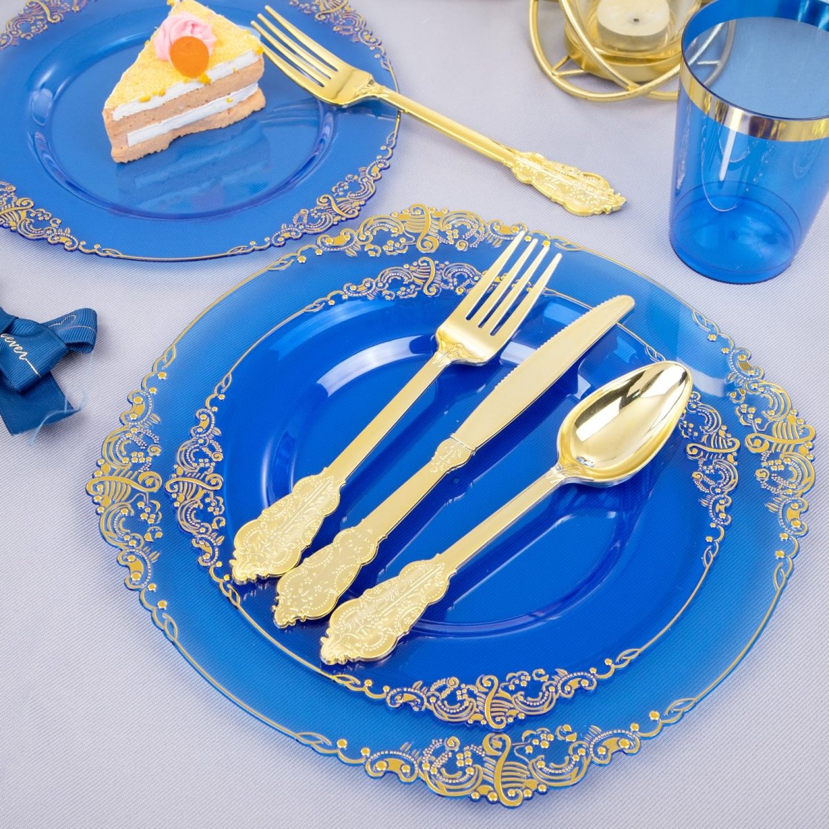 350PCS Blue Plastic Plates - Blue Plastic Dinnerware Sets for 50 Guests - 100 Blue Disposable Party Plates, 150Gold Plastic Silverware, 50Cups, 50Napkins for Wedding & Party - SHOWLU FASHION STORE