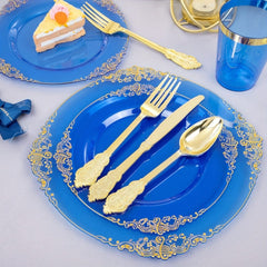 350PCS Blue Plastic Plates - Blue Plastic Dinnerware Sets for 50 Guests - 100 Blue Disposable Party Plates, 150Gold Plastic Silverware, 50Cups, 50Napkins for Wedding & Party - SHOWLU FASHION STORE