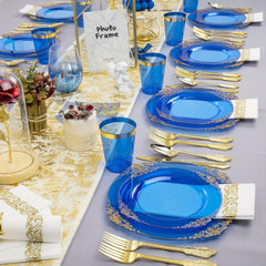 350PCS Blue Plastic Plates - Blue Plastic Dinnerware Sets for 50 Guests - 100 Blue Disposable Party Plates, 150Gold Plastic Silverware, 50Cups, 50Napkins for Wedding & Party - SHOWLU FASHION STORE