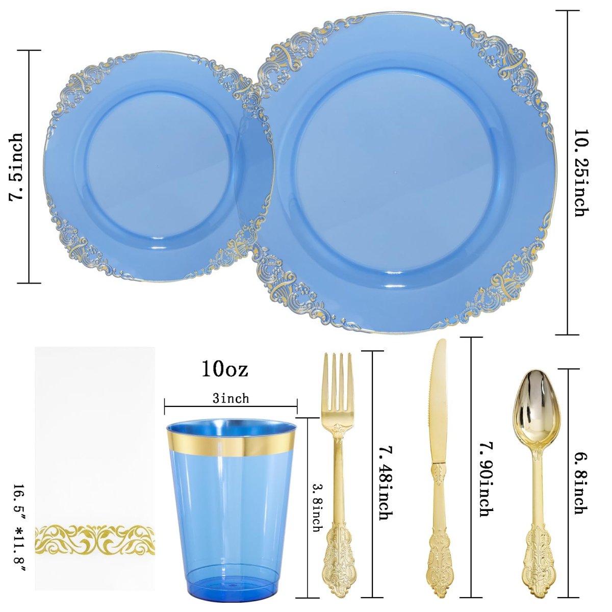 350PCS Blue Plastic Plates - Blue Plastic Dinnerware Sets for 50 Guests - 100 Blue Disposable Party Plates, 150Gold Plastic Silverware, 50Cups, 50Napkins for Wedding & Party - SHOWLU FASHION STORE