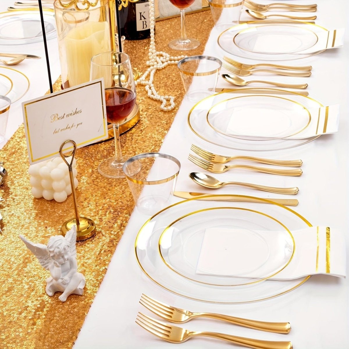 350PCS Clear and Gold Plastic cutlery - Gold Disposable Plastic Dinnerware Set for 50 Guests Include 100 Plastic Plates, 150 Gold Cutlery, 50 Cups&50 Napkins Idea for Wedding&Party - SHOWLU FASHION STORE
