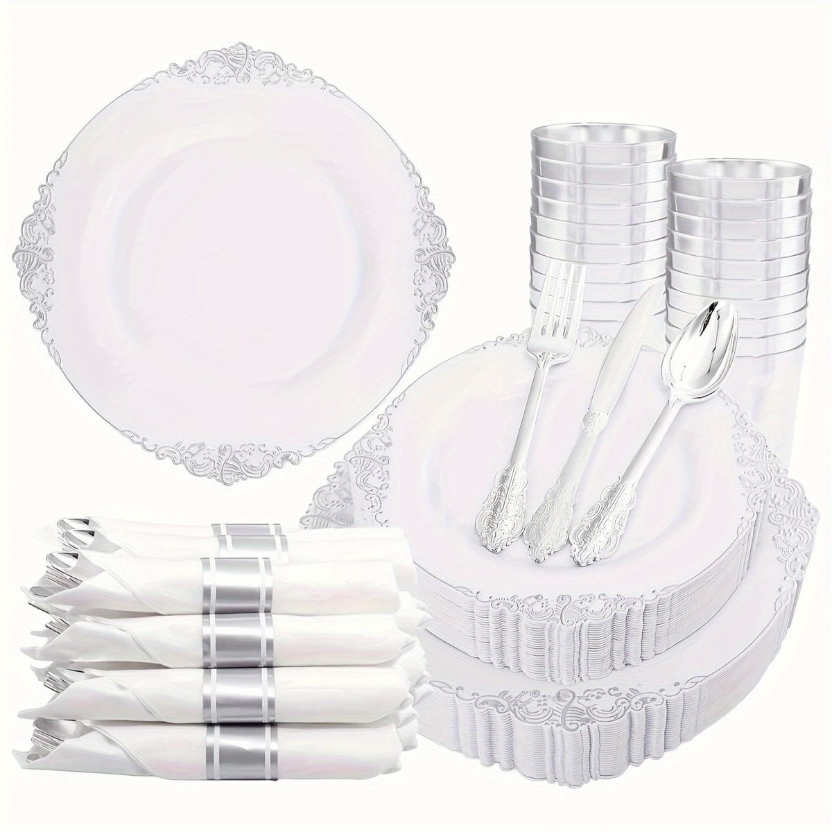 350PCS Silver Plastic Plates&Pre Rolled Napkins for 50 Guests, Plastic Dinerware Set 100 Silver Disposable Plates, 150 Silver Silverware, 50Cups and 50Napkins for Wedding&Party - SHOWLU FASHION STORE