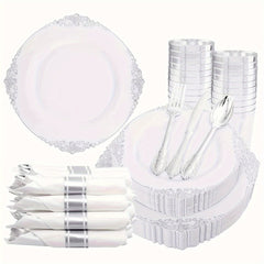 350PCS Silver Plastic Plates&Pre Rolled Napkins for 50 Guests, Plastic Dinerware Set 100 Silver Disposable Plates, 150 Silver Silverware, 50Cups and 50Napkins for Wedding&Party - SHOWLU FASHION STORE