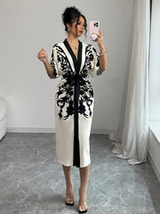 Women's Front Tie Short Sleeve Printed Slim Fit Dress {Elegant Direction}