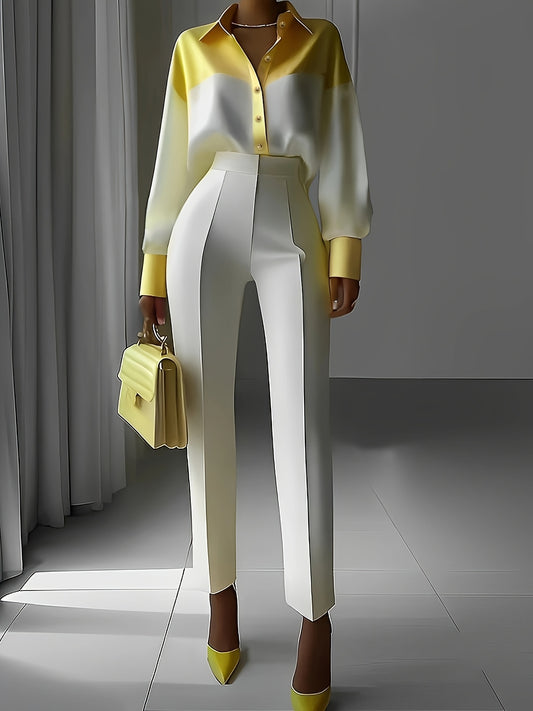 Women'S Color Block Long Sleeve Blouse with Lapel Collar and Button Front - Stylish Casual Patchwork Shirt for Casual Attire, Yellow and White, Polyester Fabric, Long Sleeve Blouse