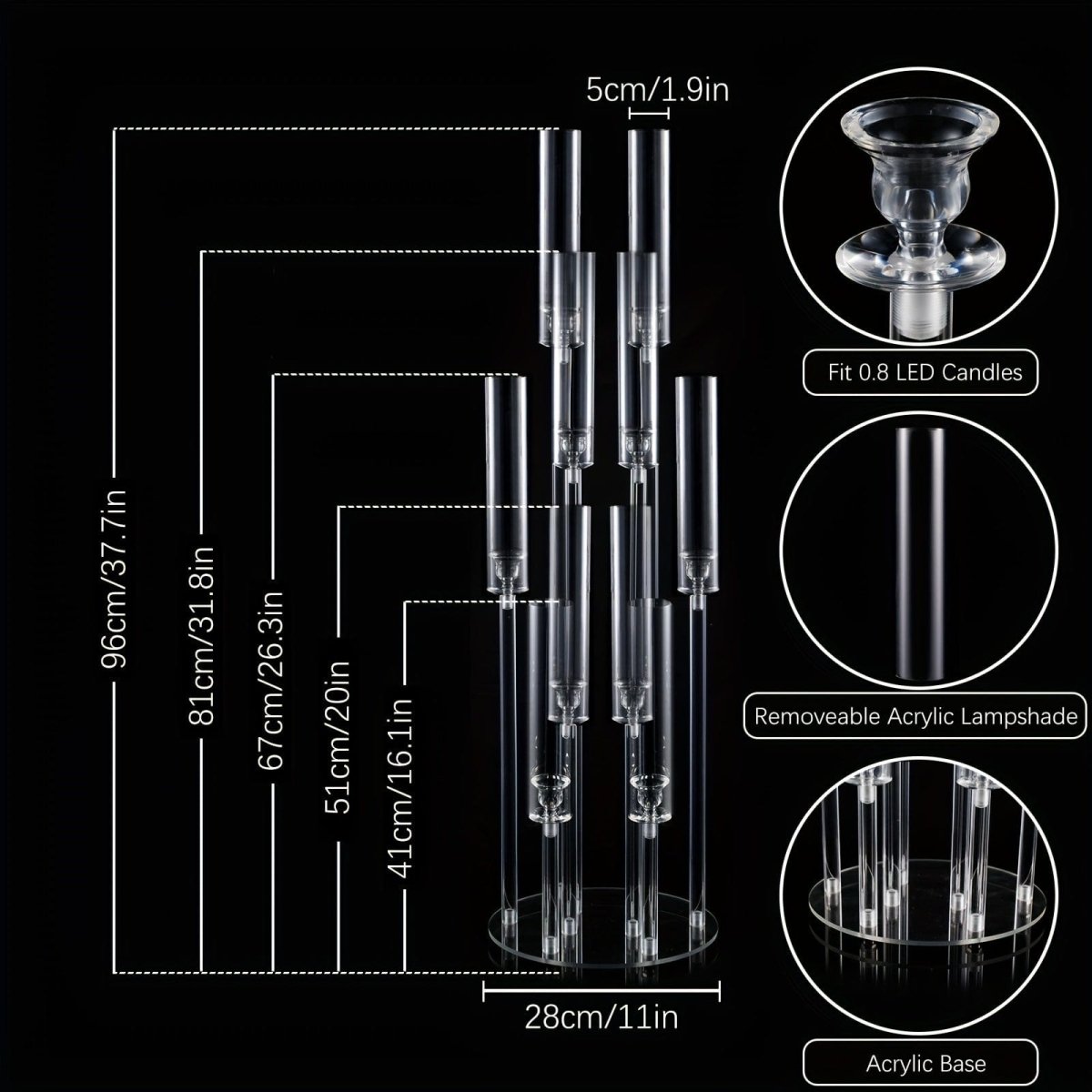 37.7 Inches Tall Large 10 Arm Acrylic Candelabra Centerpieces for Tables, Floor Clear Tall Candlesticks Holder with Removable Lampshade for Wedding Party Home Decoration, Fit 0.82" LED Candles - SHOWLU FASHION STORE