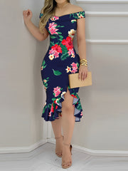 Floral Print Off Shoulder Ruffles Hem Bodycon Dress Sexy Slit Slim Fit Midi Dress