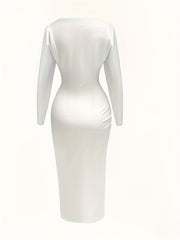 Women's Elegant V-Neck Bodycon Dress with Thigh-High Slit - Semi-Sheer Stretchy Machine-Washable Solid Color Dress for Spring/Fall, Office to Evening Wear
