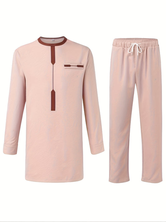 African Ethnic Style Men'S Casual Suit with Print Shirt, Slit Pants, and Drawstring Waist 2pcs Set