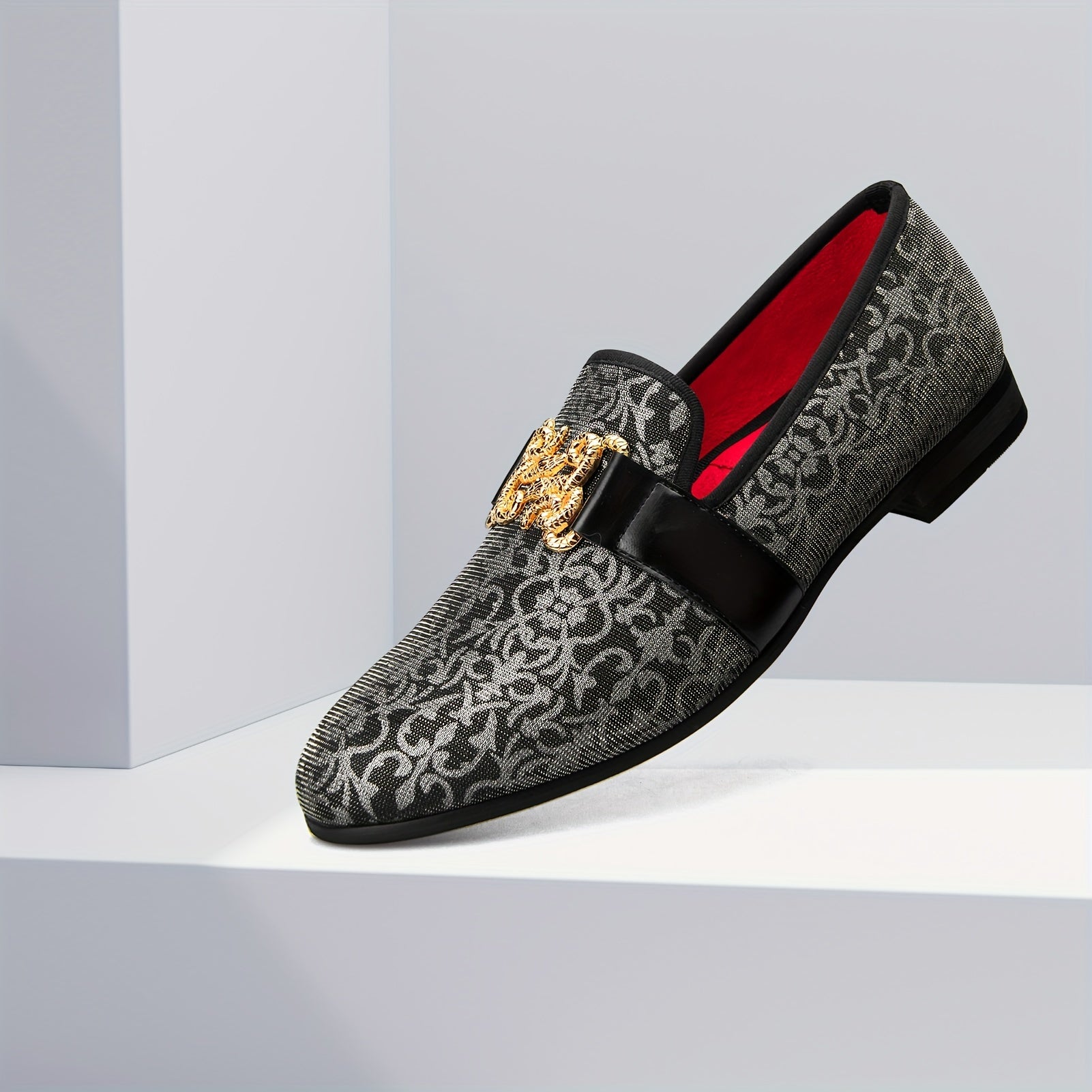 [Floral Pattern Loafers] Elegant Slip-On Loafers - Comfortable Floral Pattern Shoes with Golden Buckle, Black and Red Accents - Perfect for Parties & Streetwear SHOWLU FASHION STORE