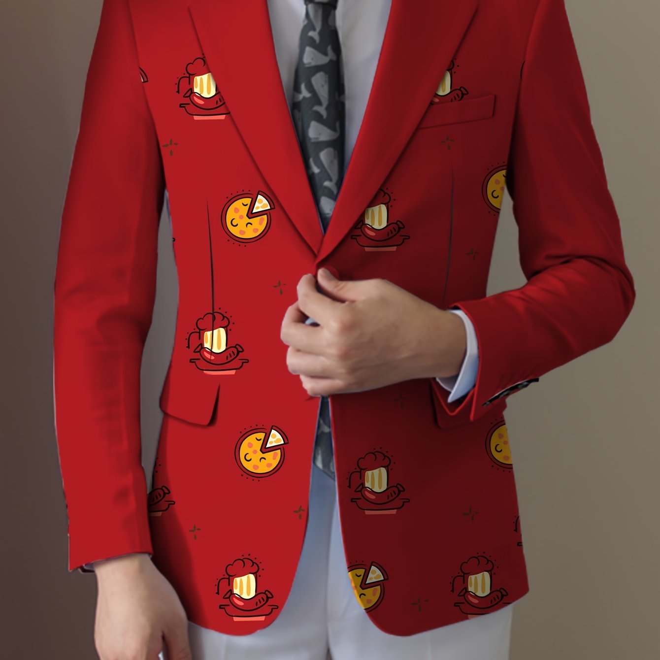 Men'S Casual Food Cartoon Pattern Suit, Polyester 95% Elastane 5%, All-Season Lapel Collar Blazer with Button Details, Regular Fit Woven Fabric SHOWLU FASHION STORE