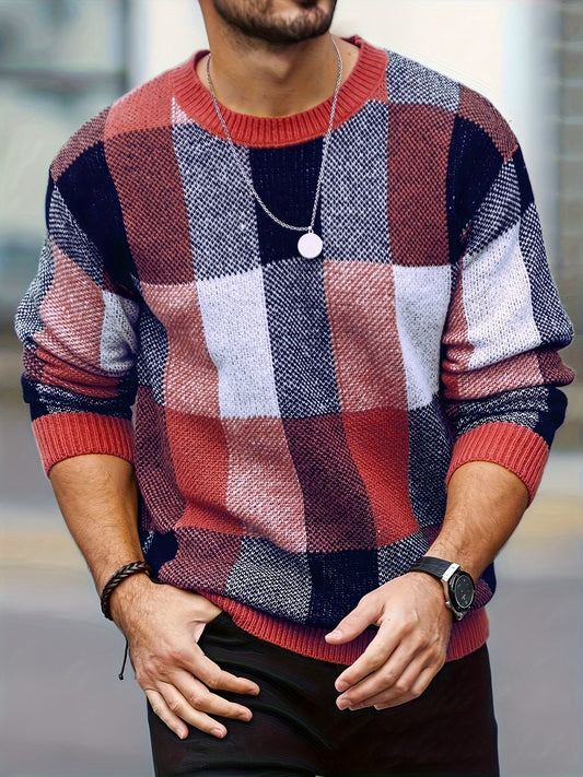 Men'S Casual Plaid Sweater - Cozy Crew Neck Pullover with Brown, Beige, Black & White Checkered Pattern, Loose Fit, Warm for Fall & Winter, Everyday Comfort, Sweater Vest