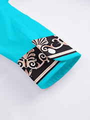 Men'S Long Sleeve Ethnic Style Shirt - Vibrant Turquoise with Black & Golden Floral Pattern, Button-Up Collar, Non-Stretch Fabric, Perfect for Spring/Fall Casual Wear, Spring Fashion Shirt | Floral Pattern Shirt | Nonstretch