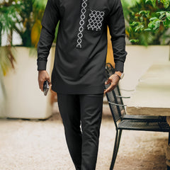 2024 Autumn New, Dashiki Men'S Set, Long Sleeve Top, Chest Embroidery, Hidden Button, Pocket, Round Neck, Split Hem, Elastic Pants, African Clothing, Men'S Casual Shirt and Trousers 2pcs Set, Four Seasons New 1 Set, Street St
