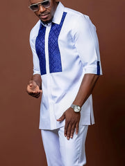 African ethnic style Men's casual suit printed shirt hem slit and rubber pants 2pcs set