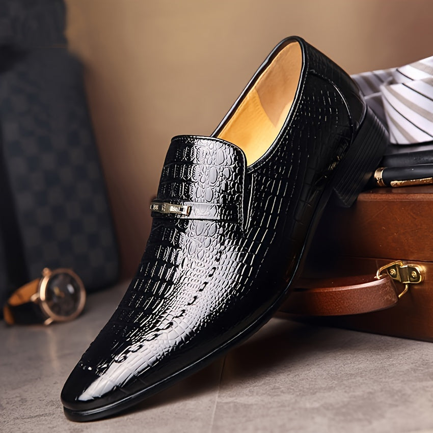 [Crocodile Oxford Loafers] Crocodile-Embossed Men's Black Oxford Loafers - Slip-On Dress Shoes with Golden-Tone Metallic Emblem - Comfortable Rubber Sole for Casual Business Formal Occasions SHOWLU FASHION STORE