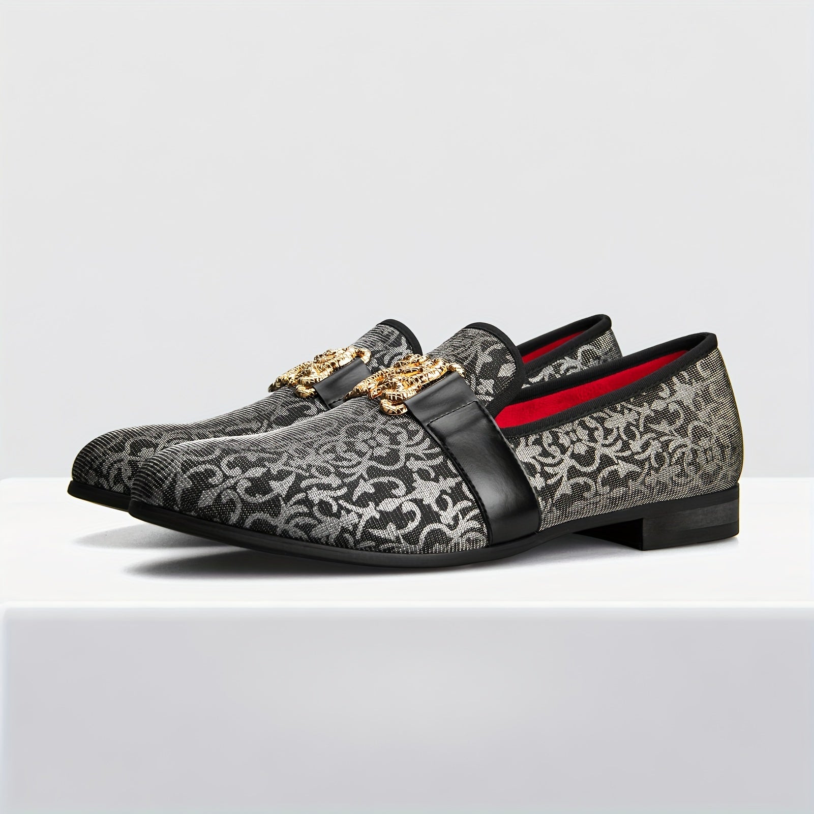 [Floral Pattern Loafers] Elegant Slip-On Loafers - Comfortable Floral Pattern Shoes with Golden Buckle, Black and Red Accents - Perfect for Parties & Streetwear SHOWLU FASHION STORE