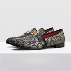 [Floral Pattern Loafers] Elegant Slip-On Loafers - Comfortable Floral Pattern Shoes with Golden Buckle, Black and Red Accents - Perfect for Parties & Streetwear SHOWLU FASHION STORE