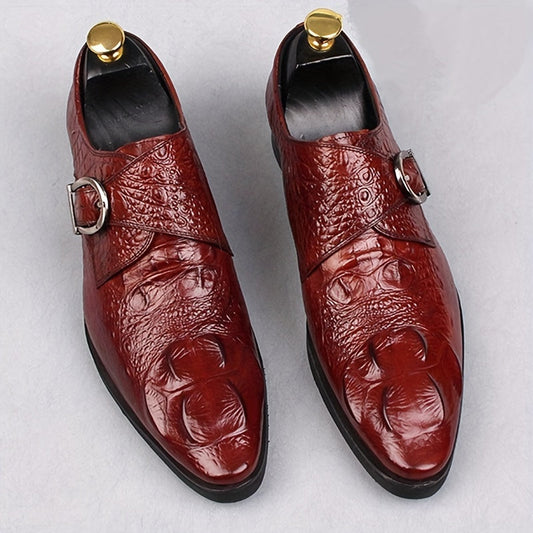 Men's Crocodile Print Pointed Toe Slip-On Loafers - Elegant Red Dress Shoes with Glossy Finish & Metal Buckle, Breathable for Business, Office, Weddings, and Formal Events SHOWLU FASHION STORE