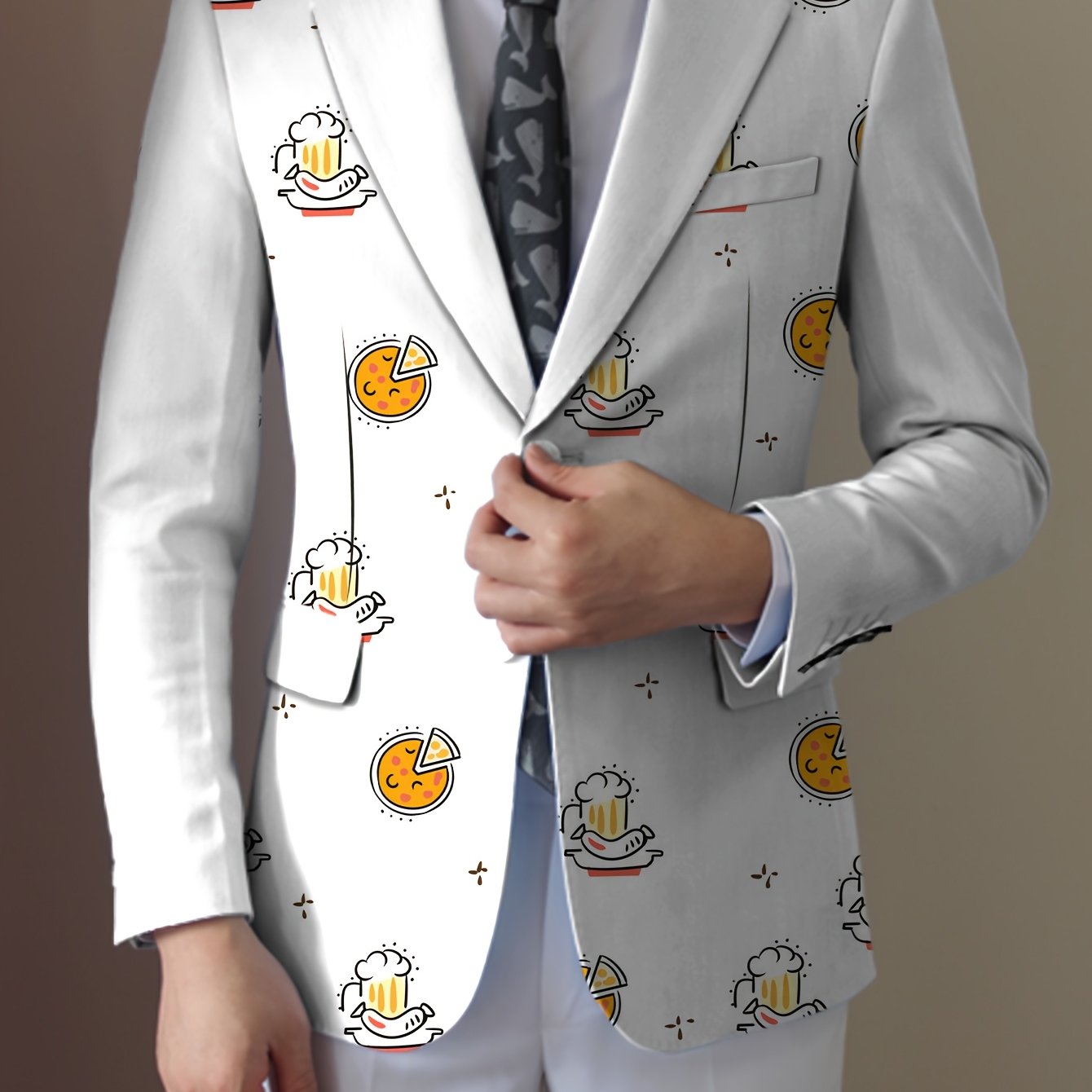 Men'S Casual Food Cartoon Pattern Suit, Polyester 95% Elastane 5%, All-Season Lapel Collar Blazer with Button Details, Regular Fit Woven Fabric SHOWLU FASHION STORE