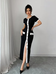 Elegant Black and White Color Block A-Line Midi Dress for Women - Casual Spring/Summer Style with Front Zipper Opening, Crew Neck, and Contrast Stitching Details, Cocktail Attire | Crew Neck Dress | Polyester Fabri