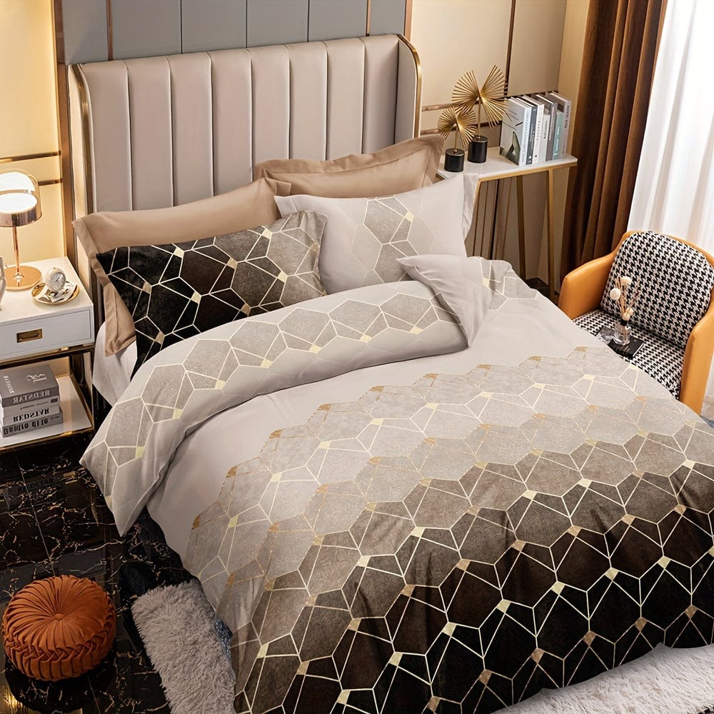 3pcs Soft And Comfortable Bronzing Geometric Duvet Cover Set For Bedroom And Guest Room - Includes 1 Duvet Cover And 2 Pillowcases (Core Not Included) - SHOWLU FASHION STORE