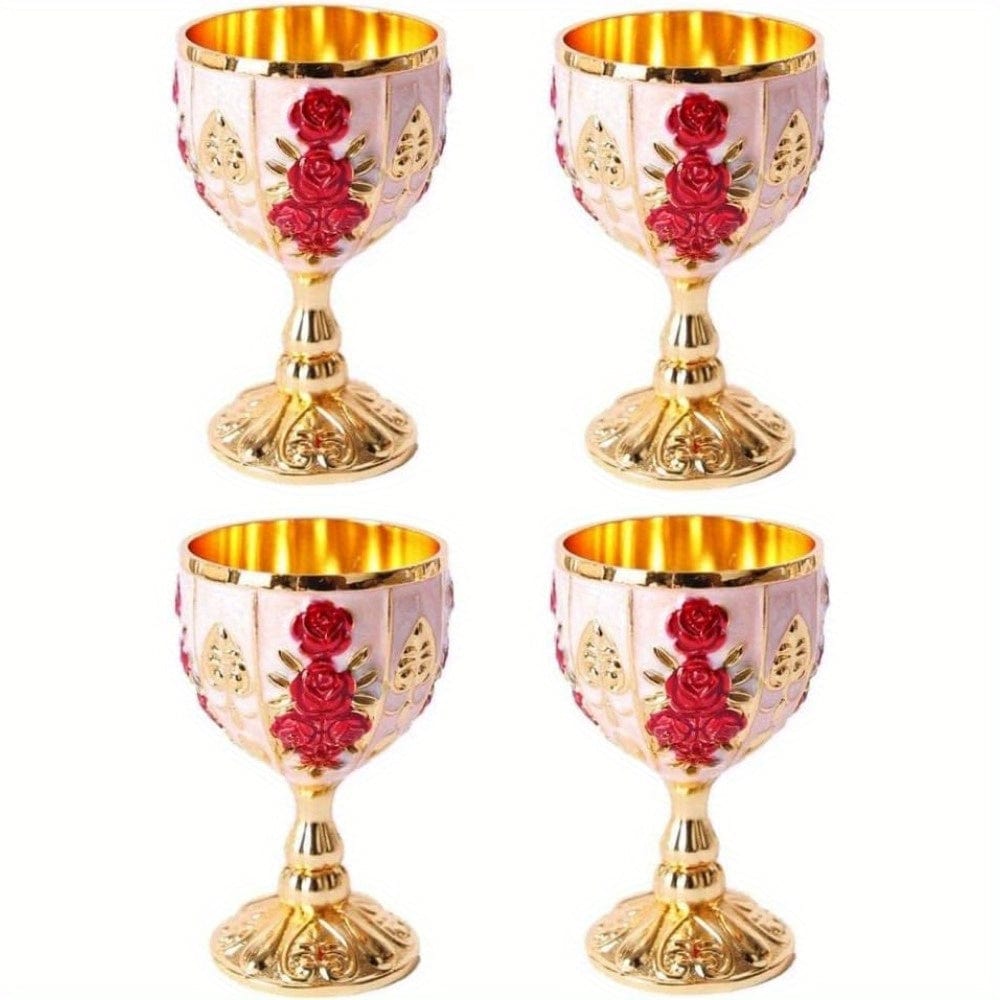 4 PCS 1 Set 30 Ml Goblet Vintage Metal Embossed Wine Cup Retro Creative Small Liquor Cup Gold European Style Metal Glass Metal Small Wine Cup.(4 Pcs) - SHOWLU FASHION STORE