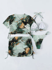 4 Pieces Halter Bikini Swimsuit With Marble Print Cover Up 2023 Swimwear Female Beachwear Bathing Swimming Suit Women Summer - SHOWLU FASHION STORE