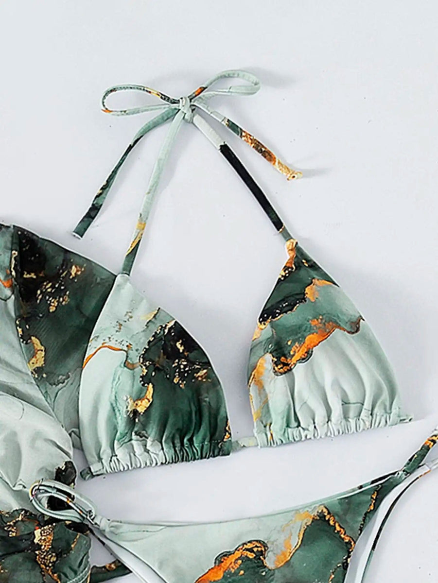 4 Pieces Halter Bikini Swimsuit With Marble Print Cover Up 2023 Swimwear Female Beachwear Bathing Swimming Suit Women Summer - SHOWLU FASHION STORE