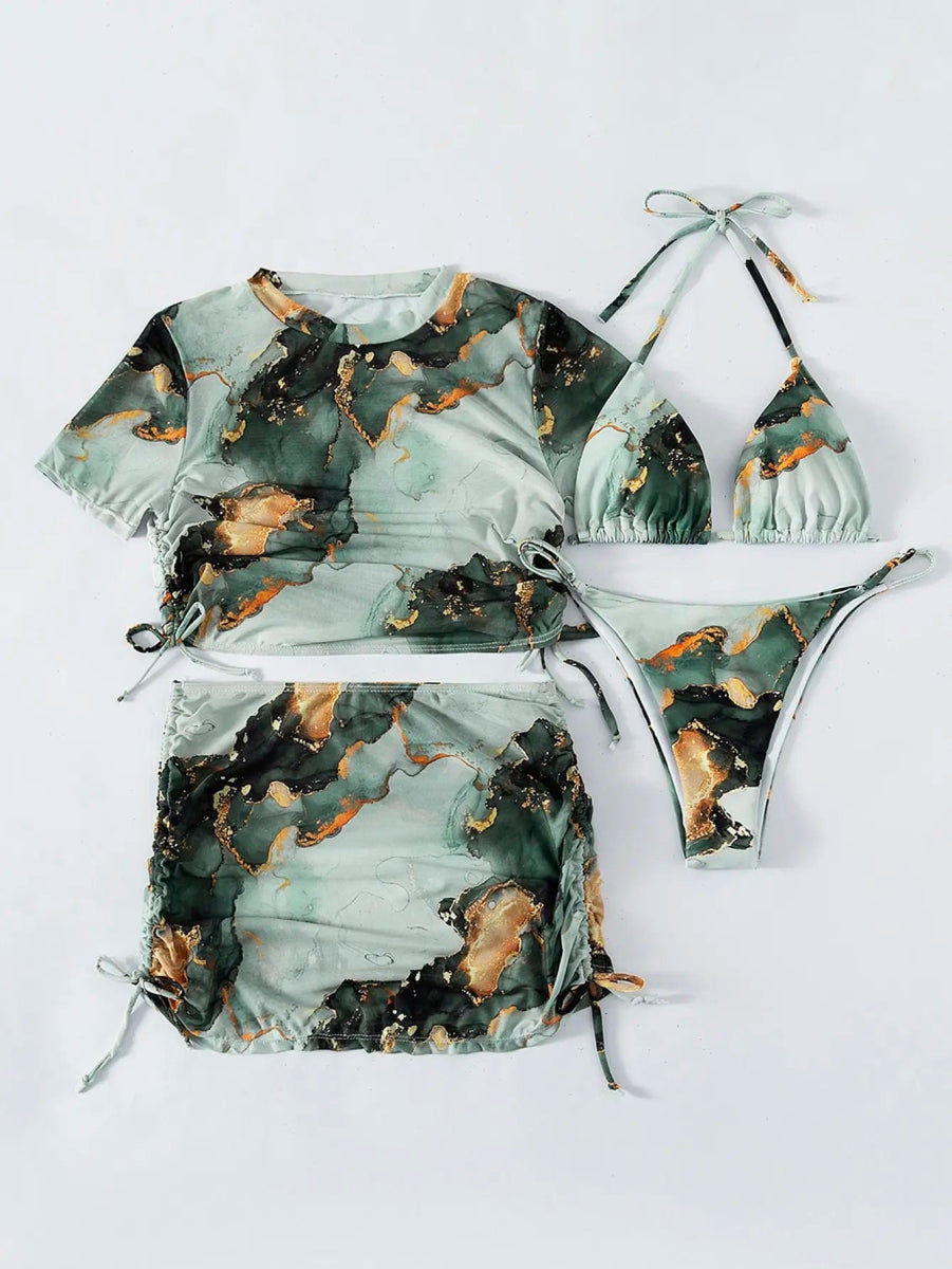 4 Pieces Halter Bikini Swimsuit With Marble Print Cover Up 2023 Swimwear Female Beachwear Bathing Swimming Suit Women Summer - SHOWLU FASHION STORE
