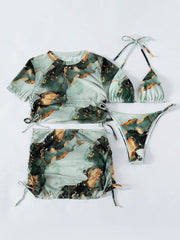 4 Pieces Halter Bikini Swimsuit With Marble Print Cover Up 2023 Swimwear Female Beachwear Bathing Swimming Suit Women Summer - SHOWLU FASHION STORE