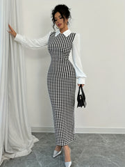 Women's Elegant Houndstooth Print Puffed Sleeve Bodycon Dress - Black & White Contrast, Machine Washable, All-Season Versatile Fit, Clothes for Ladies, Formal Attire, Classic Collared Top, Medium Elasticity