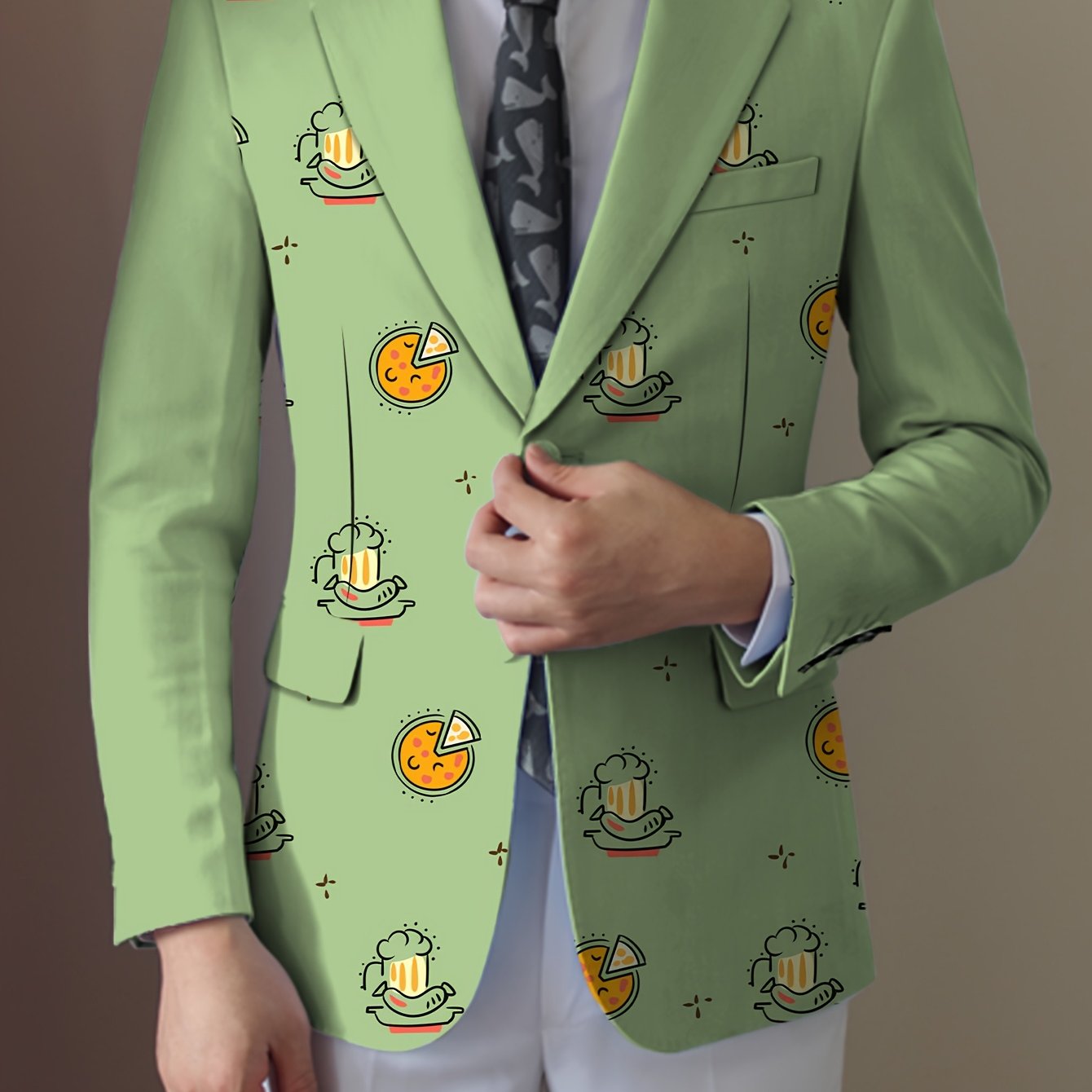 Men'S Casual Food Cartoon Pattern Suit, Polyester 95% Elastane 5%, All-Season Lapel Collar Blazer with Button Details, Regular Fit Woven Fabric SHOWLU FASHION STORE