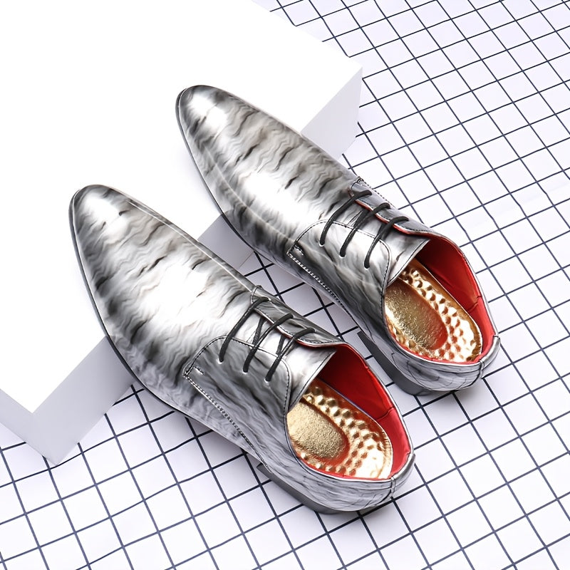Men'S Fashion Blue Ripple Glossy Dress Shoes, Casual Business Style, All-Season Low Top Lace-Up, Pointed Toe, Upper/Inner, Rubber Sole, England-Inspired Design SHOWLU FASHION STORE