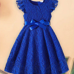 Girls Dress Lace Fly Sleeve Round Neck Casual Dress Fashion Summer Dress with Belt