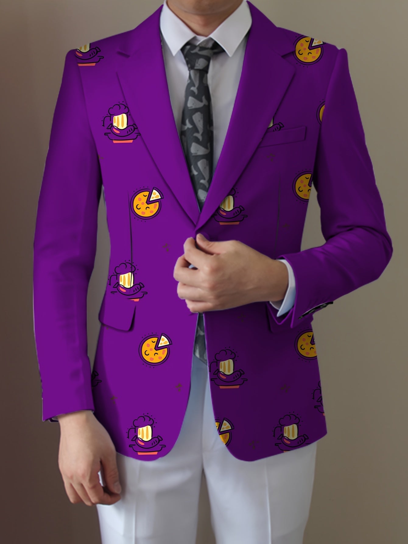 Men'S Casual Food Cartoon Pattern Suit, Polyester 95% Elastane 5%, All-Season Lapel Collar Blazer with Button Details, Regular Fit Woven Fabric SHOWLU FASHION STORE