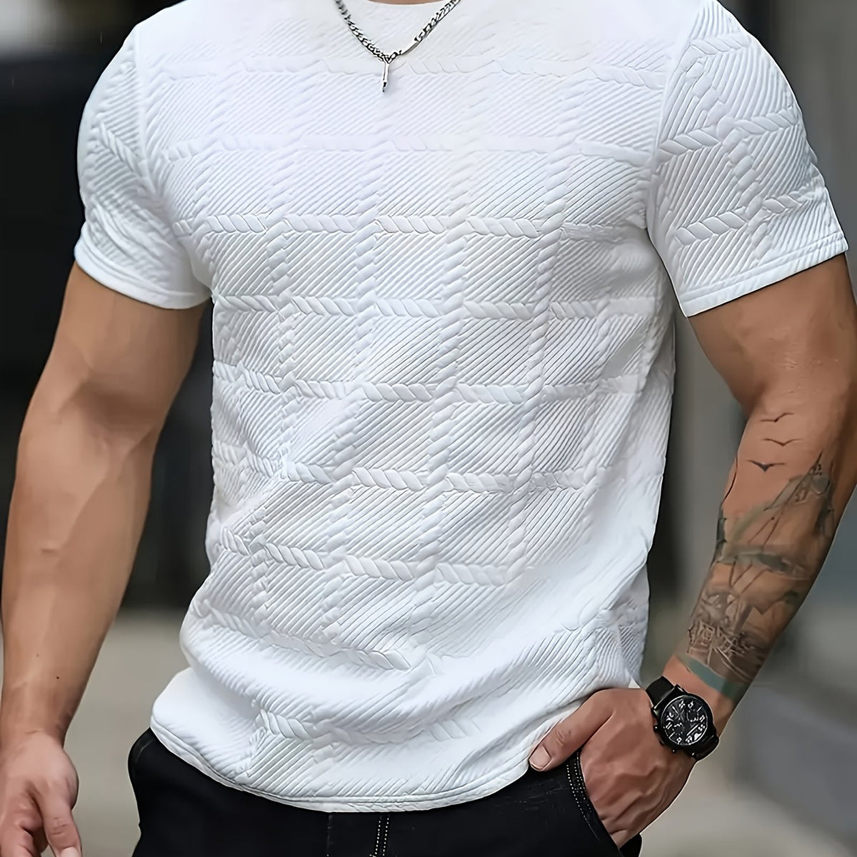 [Stylish T-Shirt] Stylish Geometric Jacquard Knit Men's Casual Short Sleeve T-Shirt | Round Neck, All-Season Comfort, Perfect for Casual Attire