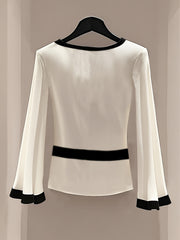 Elegant Round Neck Blouse with Flared Sleeves and Waist-Cinching Detail - White, Long Sleeve, Sleeveless Top for Women, Versatile Clothing | Minimalist Style | Elegant Sleeve Design