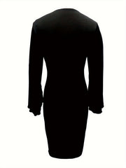 Elegant Black & White Color Block Bodycon Dress with Split Cuffs - Stretchy Polyester & Spandex Blend, Machine Washable - Perfect for All Seasons