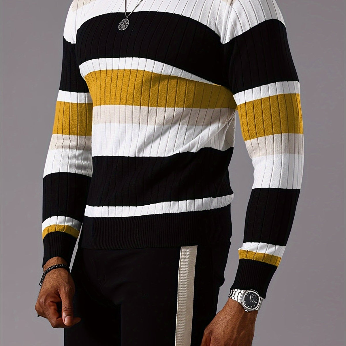 Men's Striped Color-Block Ribbed Knit Sweater - Long Sleeve Round Neck Pullover with Elastic Comfort Fit, Machine Washable Casual Fall Winter Top in Black/White/Green/Beige, Knit Sweater, Medium Elasticity