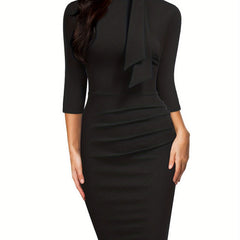 Stunning Three-Quarter Sleeve Sheath Dress - Elegant Tie-Neck Design, Draped Silhouette, Comfortable Wear for Spring & Summer - Women's Classic Clothing for Daily Life, Outdoor Events, and Work