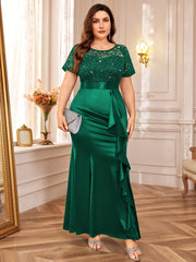 P54328A Elegant Women's Plus Size Lace Contrast Satin Sequin Bridesmaid Dress, Round Neck Short Sleeve, Empire Waist, Slim Fitting, Ruffled Mermaid Hem, Perfect for Formal Evenings, Weddings, Parties SHOWLU FASHION STORE