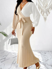 Women's Elegant Two-Tone Batwing Sleeve Wrap Waist Cinched Bodycon Dress