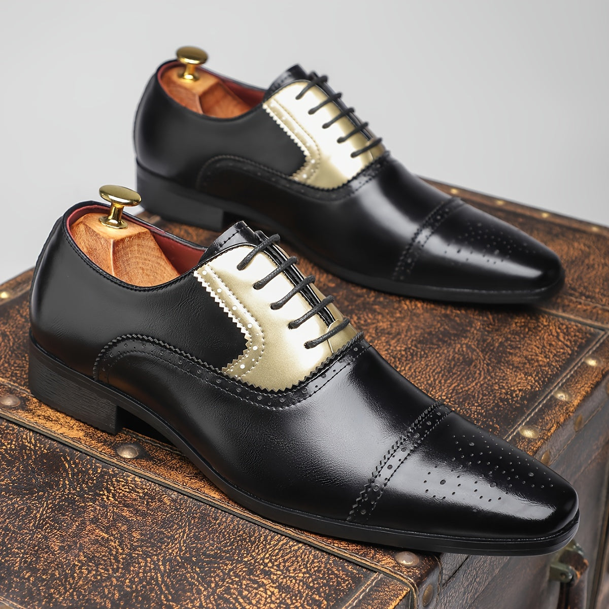 [Golden Stitching, Business Casual Shoes] Black Pointed Toe Business Casual Dress Shoes - Faux Upper, Rubber Sole, Lace-Up Closure - Sizes 39-48, for Office, Parties, Daily Wear SHOWLU FASHION STORE
