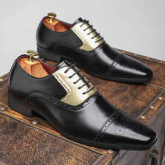 [Golden Stitching, Business Casual Shoes] Black Pointed Toe Business Casual Dress Shoes - Faux Upper, Rubber Sole, Lace-Up Closure - Sizes 39-48, for Office, Parties, Daily Wear SHOWLU FASHION STORE